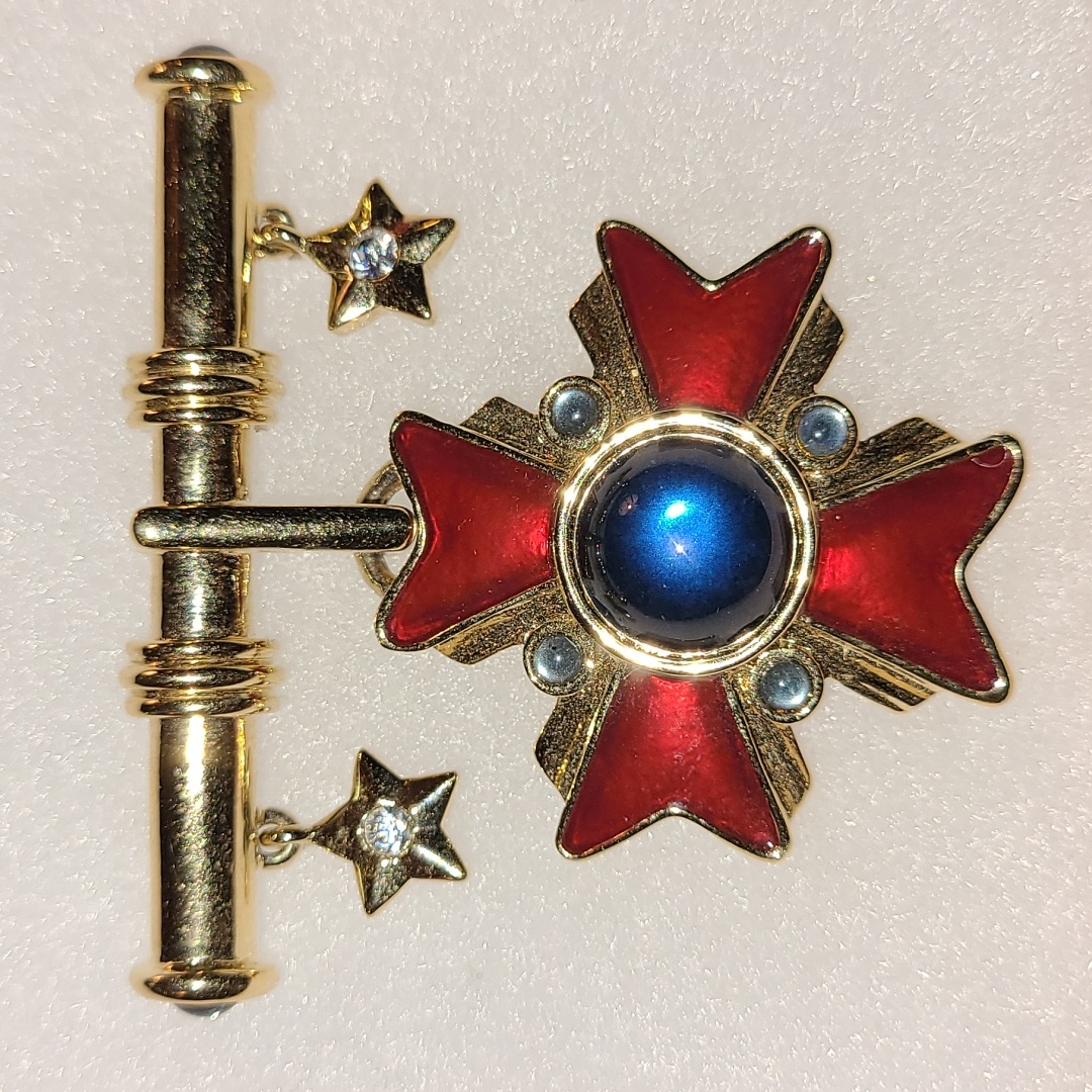 St Gregory Catholic Pin Maltese Cross Brooch Blue Cabochon Gold Stars By Landau